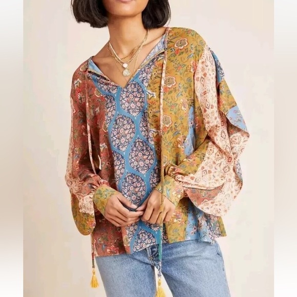 Joan Vass New York Blouse Long Sleeves Floral Patchwork Oversize Boho Large - Picture 1 of 9